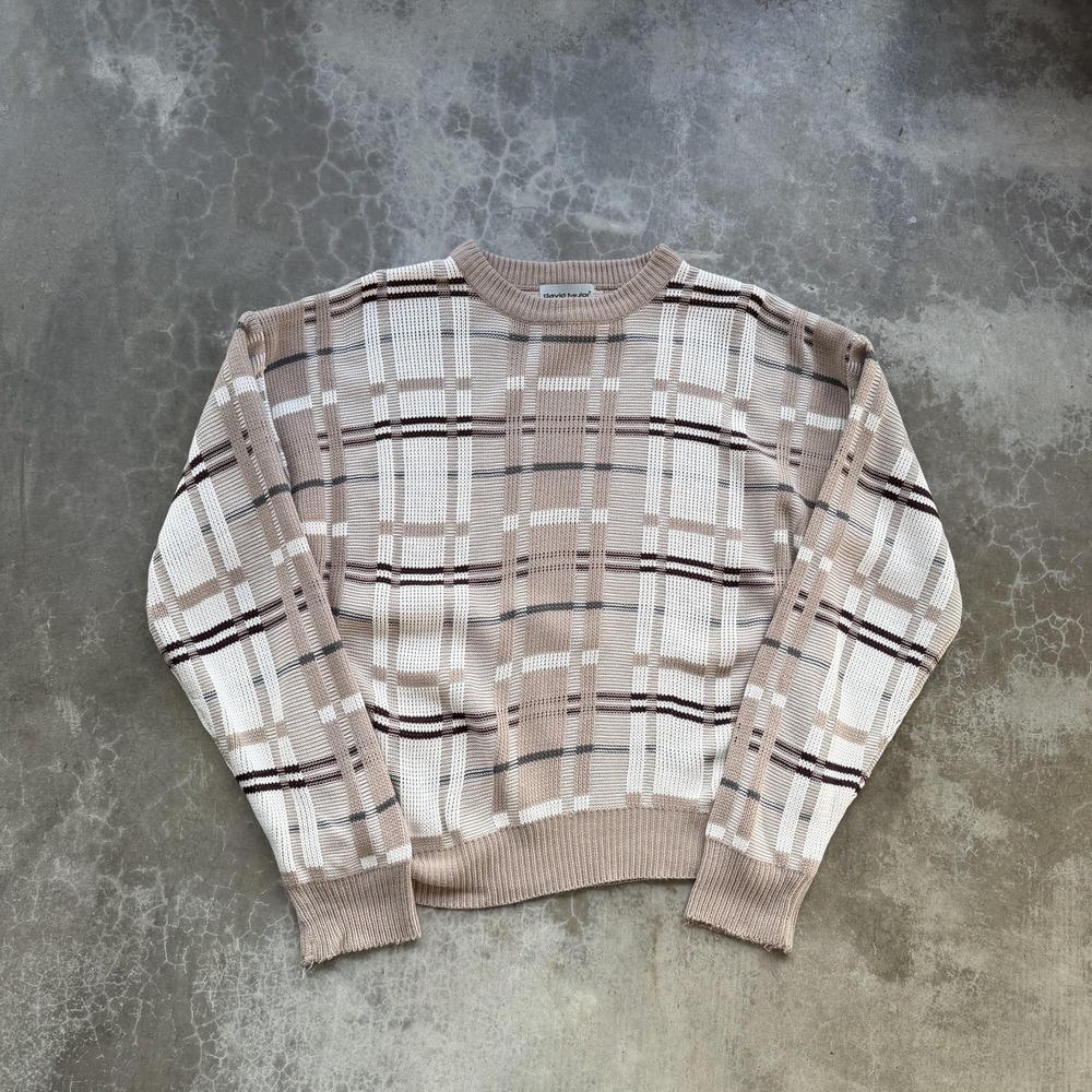 Vintage Sweater Mens Small Beige Plaid Knit Crewneck Pullover Long Sleeve - Picture 2 of 6